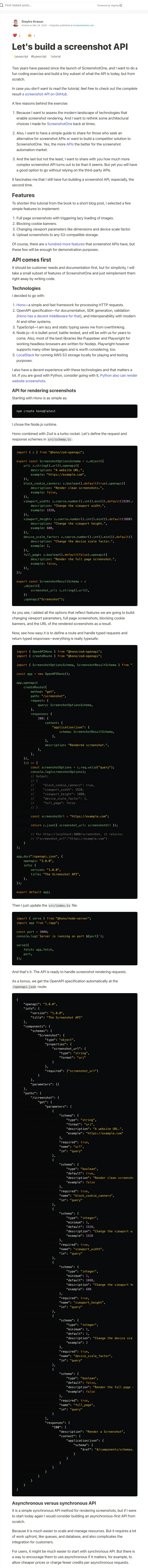 DEV article by Dmytro Krasun: Let's build a screenshot API, a long hands-on tutorial with code for a screenshot API in TypeScript.