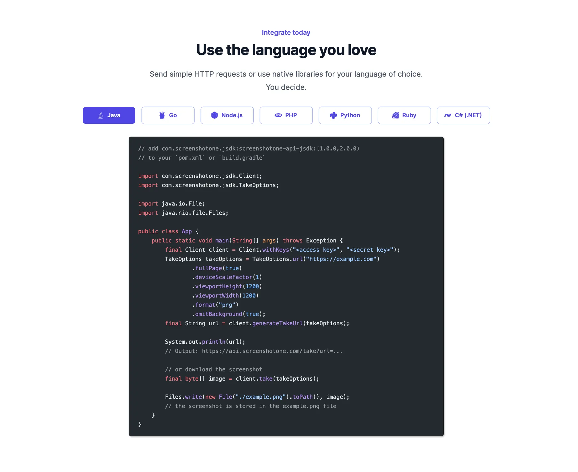 Homepage section: Use the language you love, with a Java code example and SDK tabs for Go, Node.js, PHP, Python, Ruby and C#.