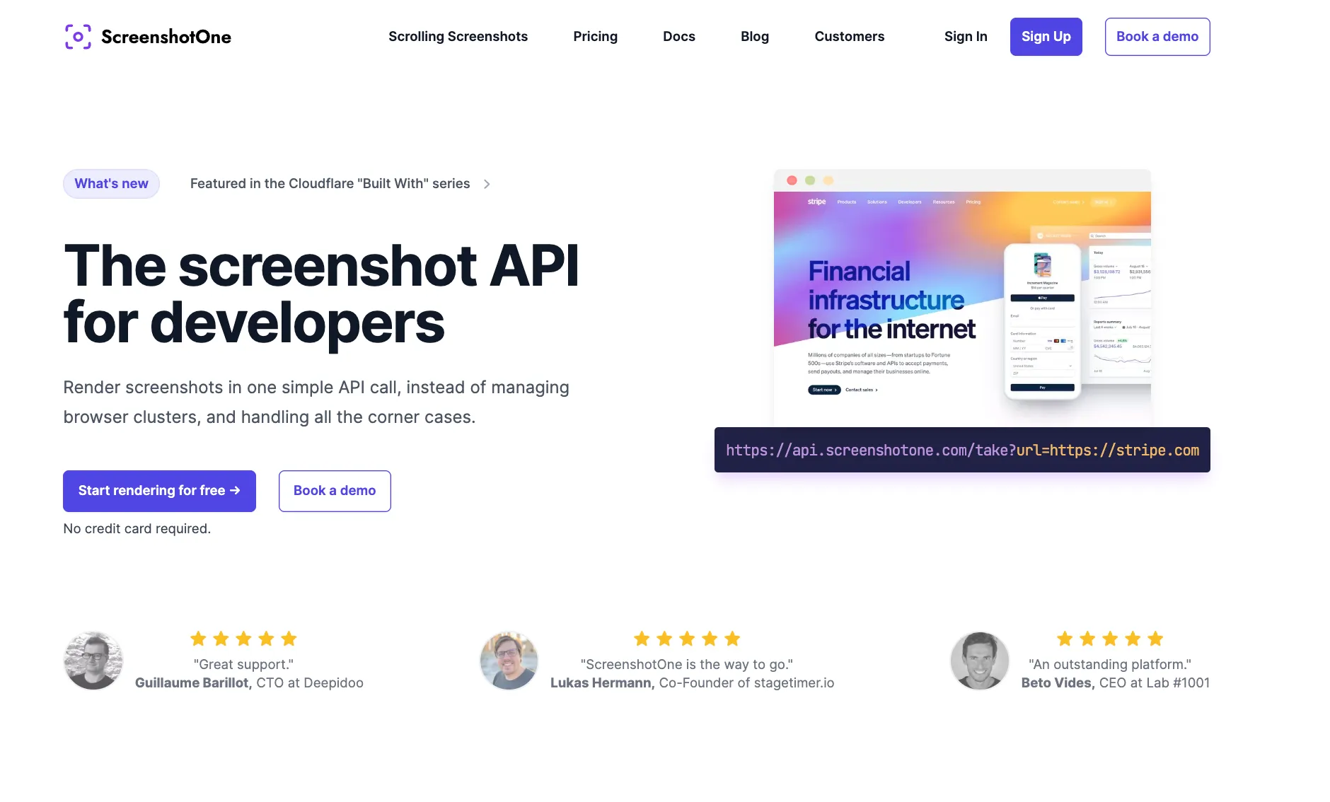 Current homepage: The screenshot API for developers, featured in Cloudflare's Built With series, with an API URL example and testimonials from a CTO, a co-founder and a CEO.