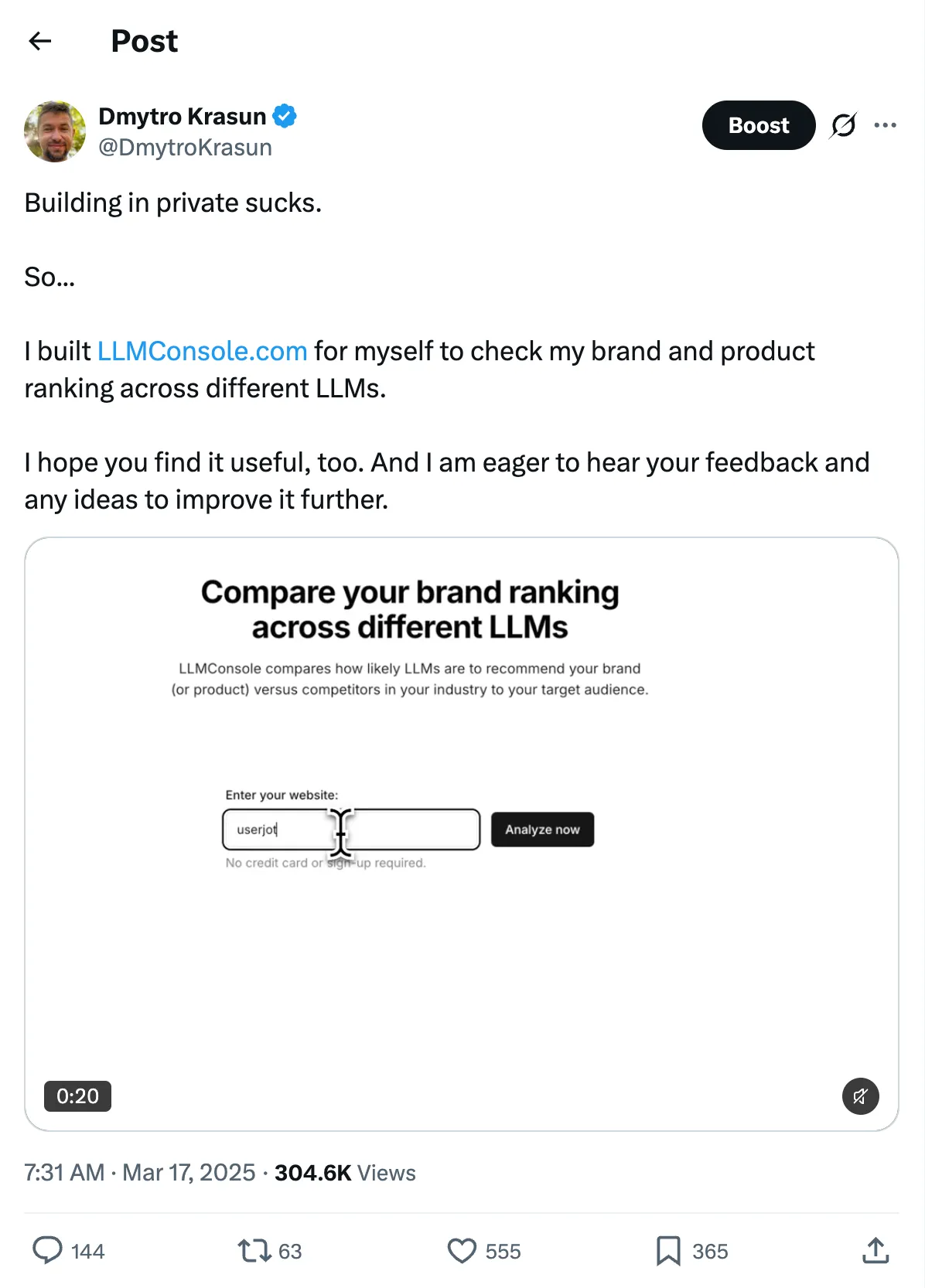 Launch post on X for LLMConsole.com, 304.6K views.