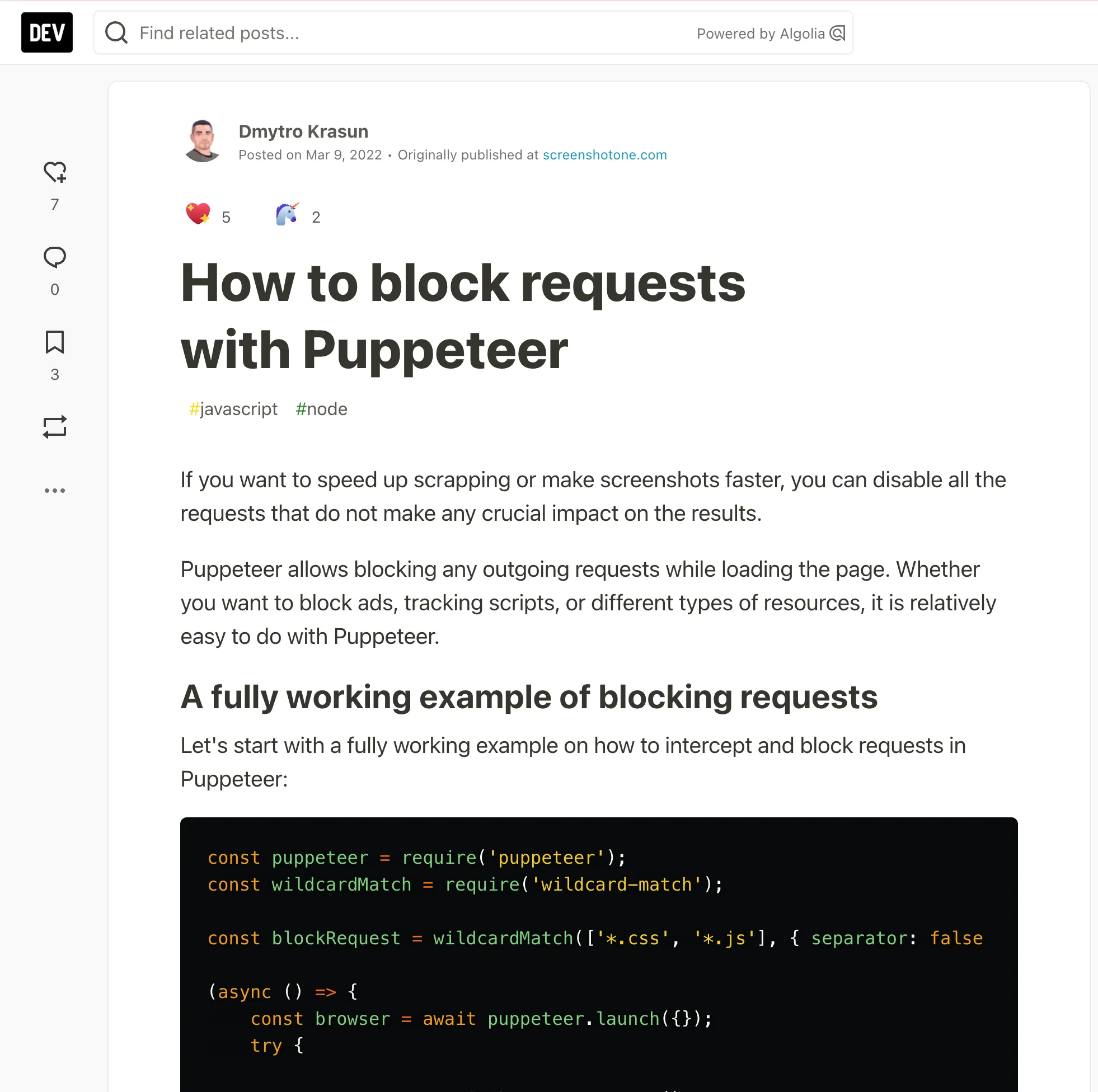 DEV article: How to block requests with Puppeteer. 7 reactions, 0 comments.