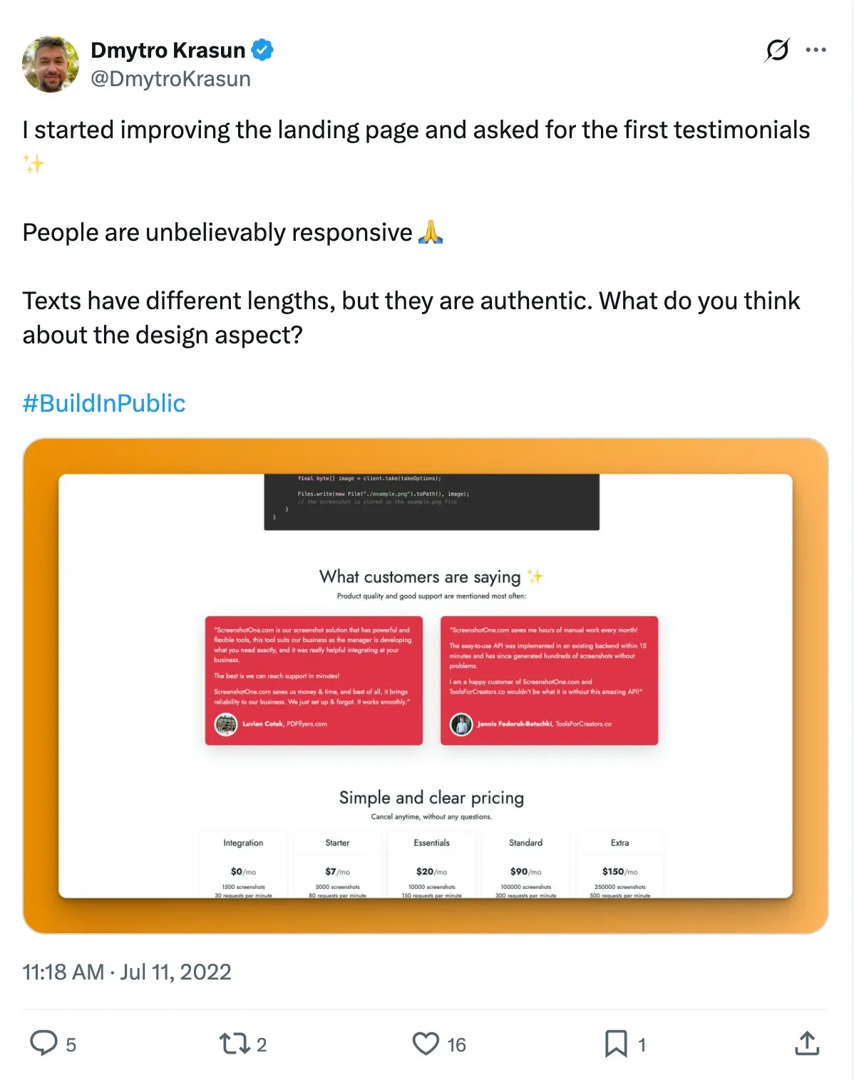 Post on X: I started improving the landing page and asked for the first testimonials. 16 likes.