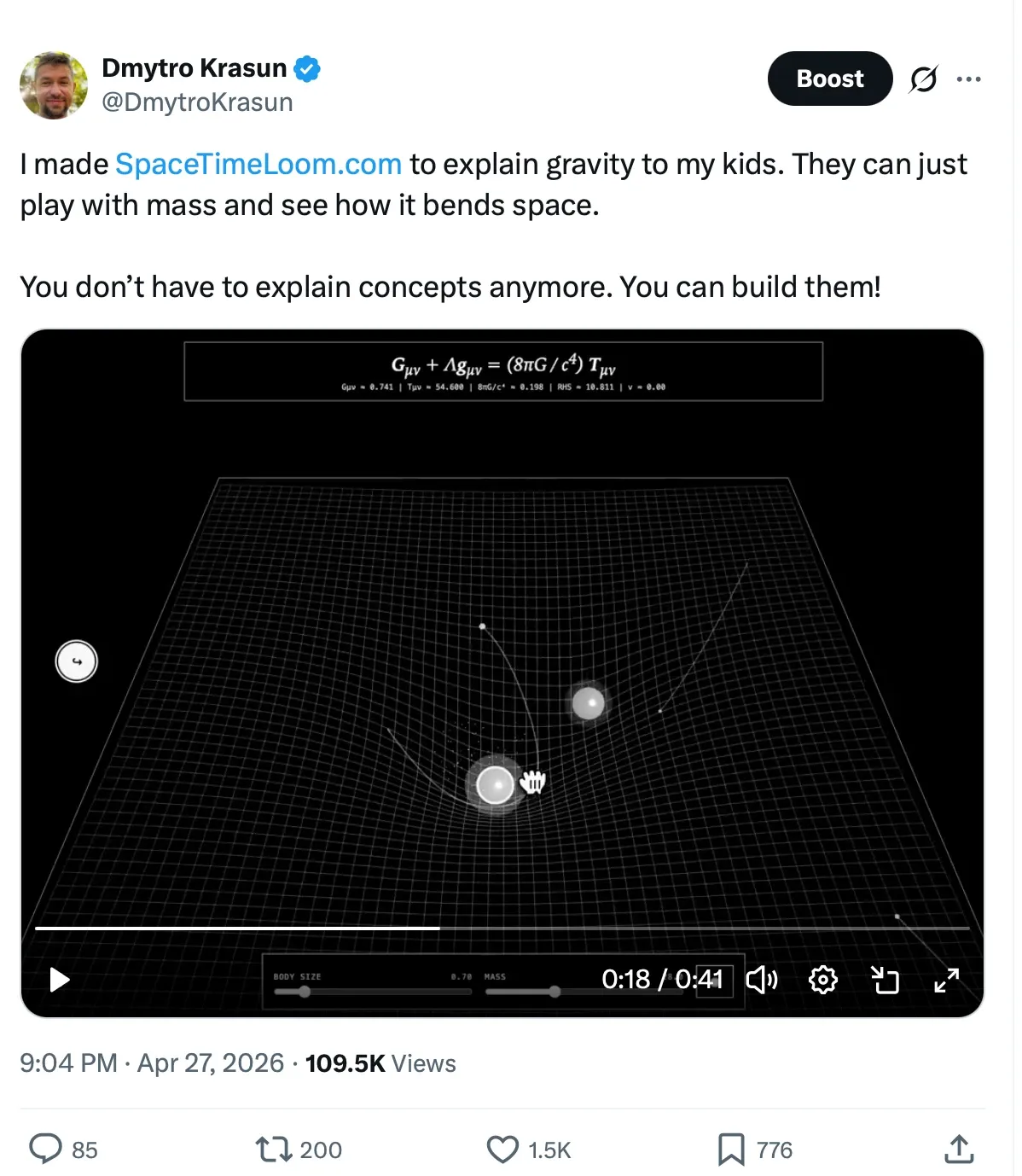 Post on X: I made SpaceTimeLoom.com to explain gravity to my kids. 109.5K views.