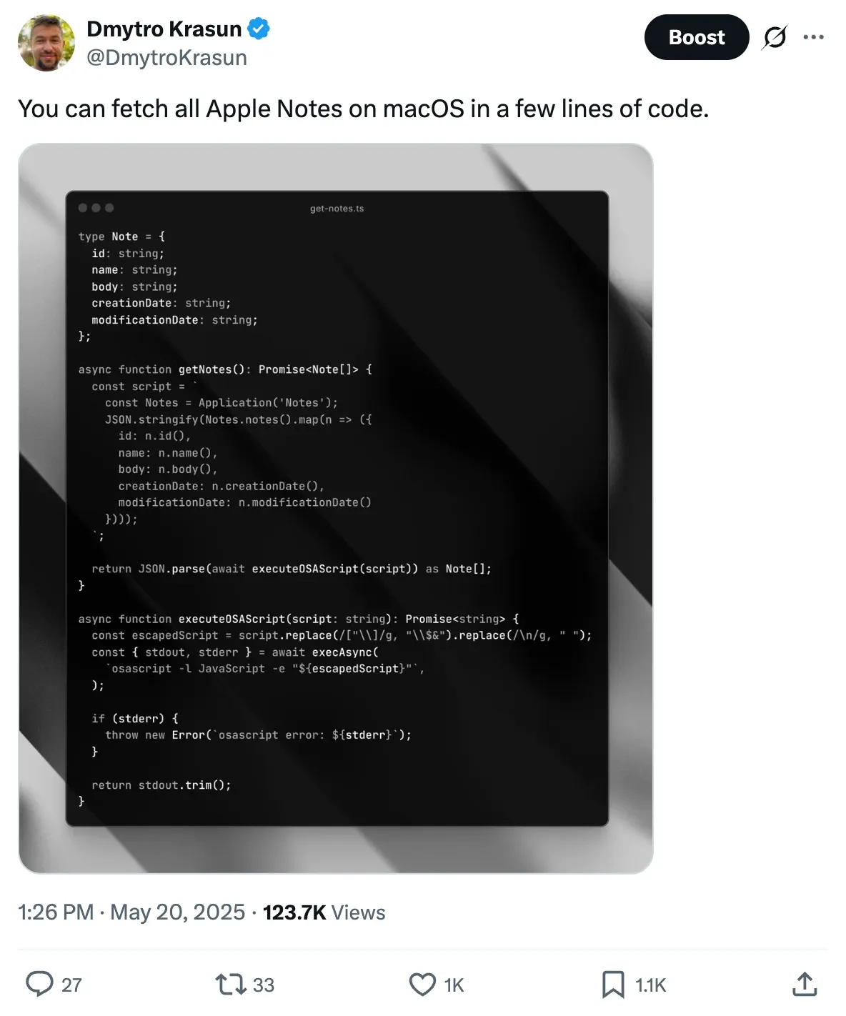 Post on X: You can fetch all Apple Notes on macOS in a few lines of code. 123.7K views, 1K likes.