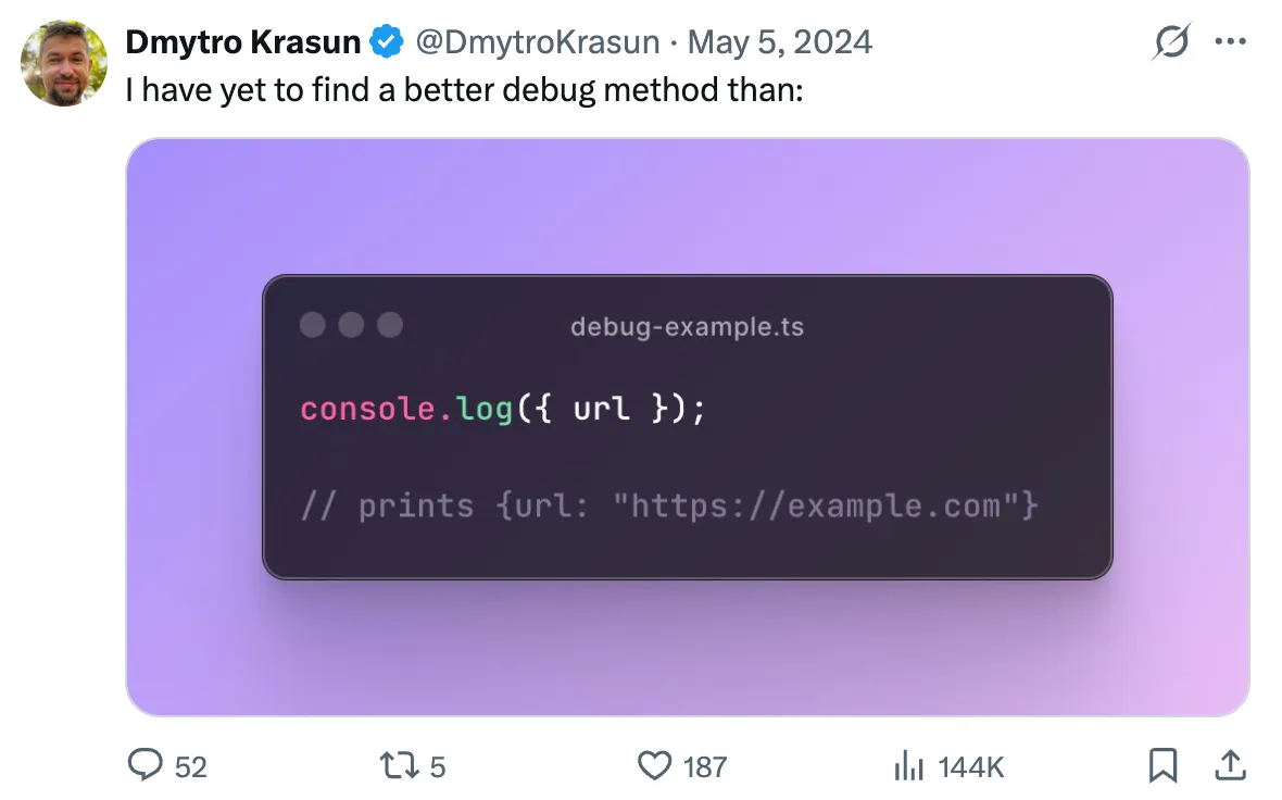 Post on X: I have yet to find a better debug method than console.log. 144K views.