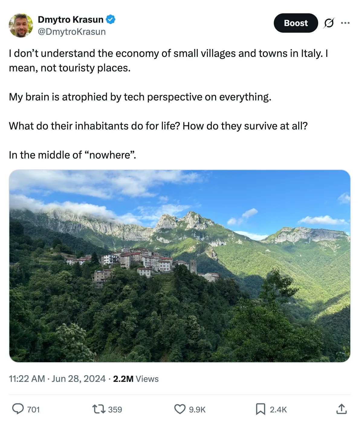 Post on X about small villages in Italy: 2.2M views, 9.9K likes.