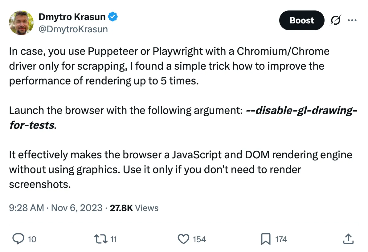Post on X: a Chromium flag that makes Puppeteer or Playwright scraping up to 5 times faster. 27.8K views, 154 likes.